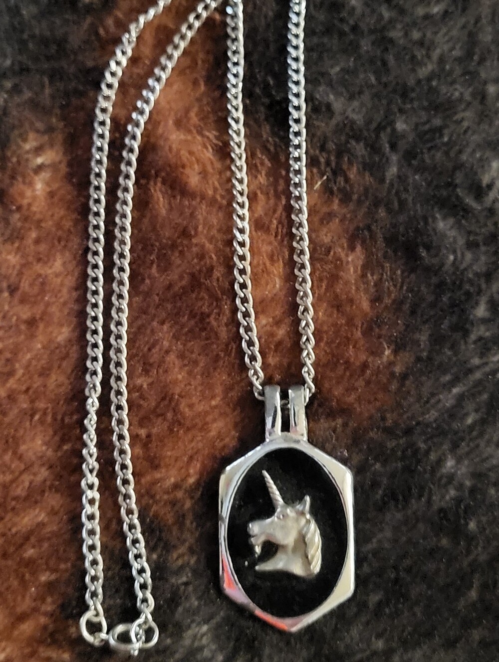 Retro 80s Dark Enamel Unicorn Silhouette Necklace Heavy Silver Tone Charm